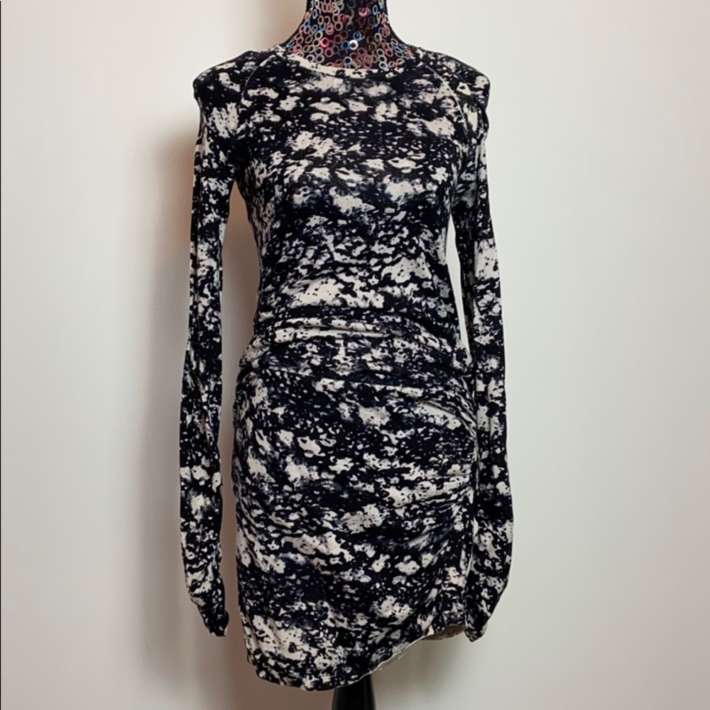 Black and White Print Ruched Sweater Dress